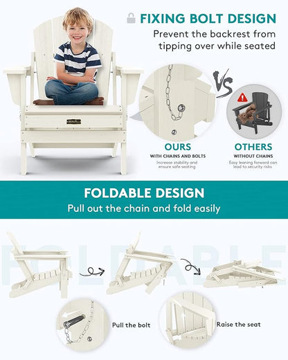 SERWALL Folding Adirondack Chair Set of 2, All Weather Patio Chair with Wood Texture, Fire Pit Chairs for Outdoor - White