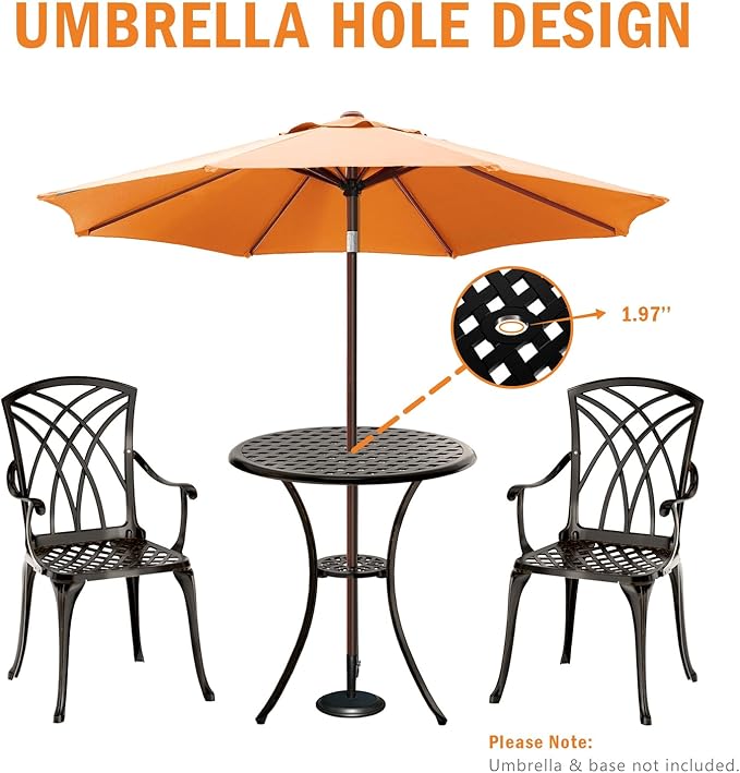 Patio Bistro Set 3 Piece, Cast Aluminum Bistro Set for 2 w/Umbrella Hole, Outdoor Table and Chairs Set of 2, Bistro Set for Balcony/Backyard/Garden, Black