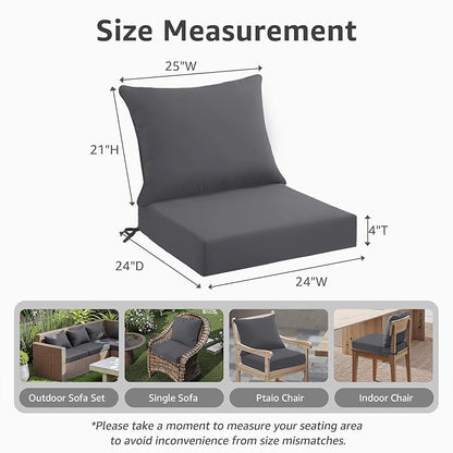 PatioGlow Outdoor Seat Cushion Set 24 x 24 x 4 Inch, Waterproof & Fade Resistant Patio Furniture Cushions with Removable Cover and Ties, Thick Deep Seating Pads for Outside Chair Sofa Couch, Grey