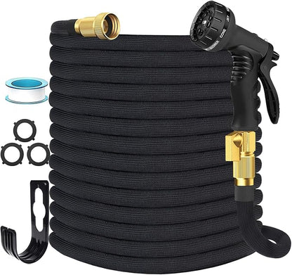 Garden Hose Non-Expandable 25 ft, Lightweight Flexible Water Hose with 10-Pattern Spray Nozzle, Leak Proof, Kink-Free, Portable Hose for Yard, Lawn, Camper, High-Density Fabric, Black