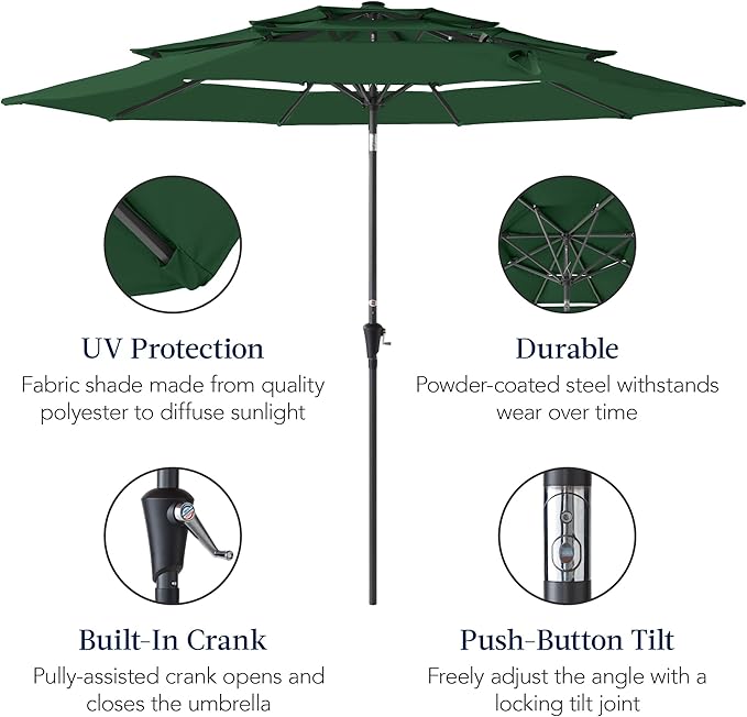 Best Choice Products 10ft 3-Tier Market Patio Umbrella, Outdoor Sun Shade with Tilt, Crank Lift, 8 Ribs for Backyard, Deck, Poolside – Green