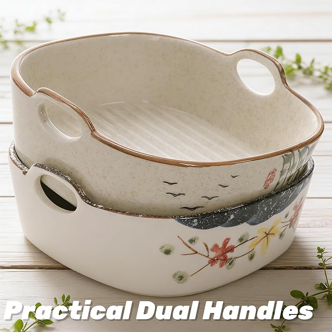2 Pack Ceramic Small Casserole Dishes, 7" x 6.5" Baking Dish for Toaster Oven, 20 OZ Deep Lasagna Pan with Handles, Durable Vintage Bakeware Pans for Cake Brownie Kitchen, Microwave Safe