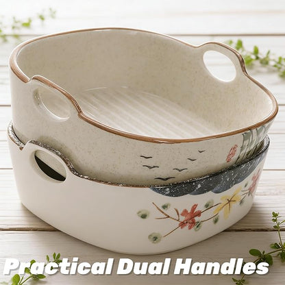 2 Pack Ceramic Small Casserole Dishes, 7" x 6.5" Baking Dish for Toaster Oven, 20 OZ Deep Lasagna Pan with Handles, Durable Vintage Bakeware Pans for Cake Brownie Kitchen, Microwave Safe