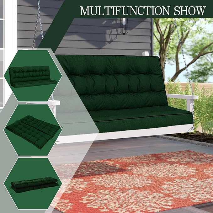 Swing Replacement Cushions with Backrest, 2 or 3 Seater Waterproof Non-Slip Overstuffed Swing Pad, Indoor/Outdoor Bench Cushion for Porch Chair Swing Garden Furniture (Dark green, 40 * 70.8in)