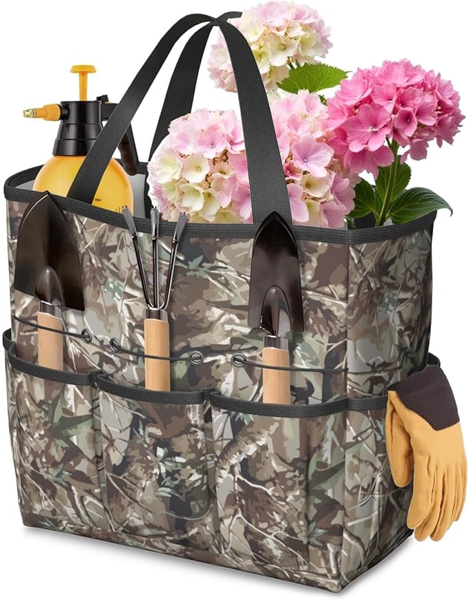 Green Camo Garden Tool Bag - Waterproof Garden Tote with 8 Pockets, Large Storage Home Organizer Gardening Tool Oxford Bag for Garden Tools Kits Holder, Ideal Outdoor Gardening Gift for Women & Men
