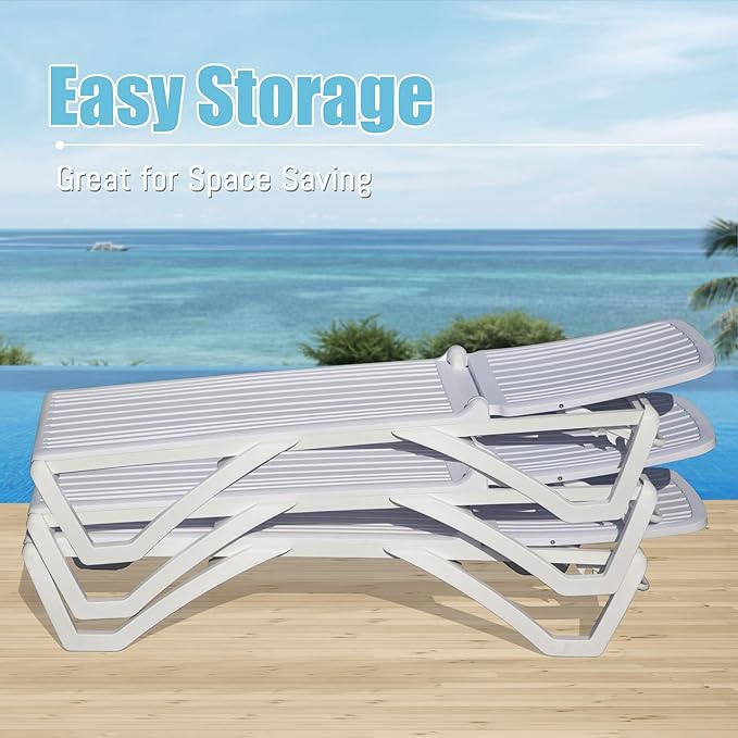 Domi Patio Outdoor Chaise Lounge Chairs Set of 4, All-Weather Plastic Adjustable Reclining Loungers, Stackable Tanning Lounge Chair w/Wheels, for Beach Garden Lawn Pool, White
