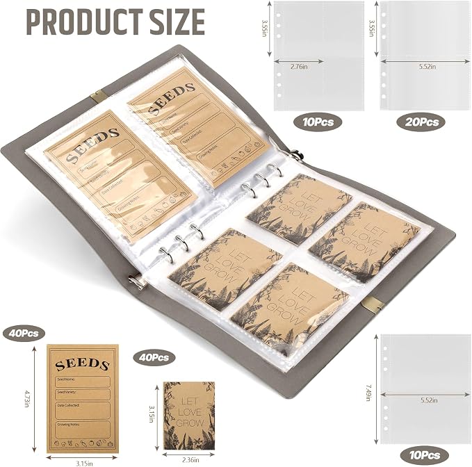 Seed Storage Organizer, Seed Packet Organizer Binder with 80Pcs Garden Seeds Storage Envelopes and 40 Clear Pocket Sheet Protectors for Protecting Vegetable Seeds (Gray, 9.1 x 6.5inch)