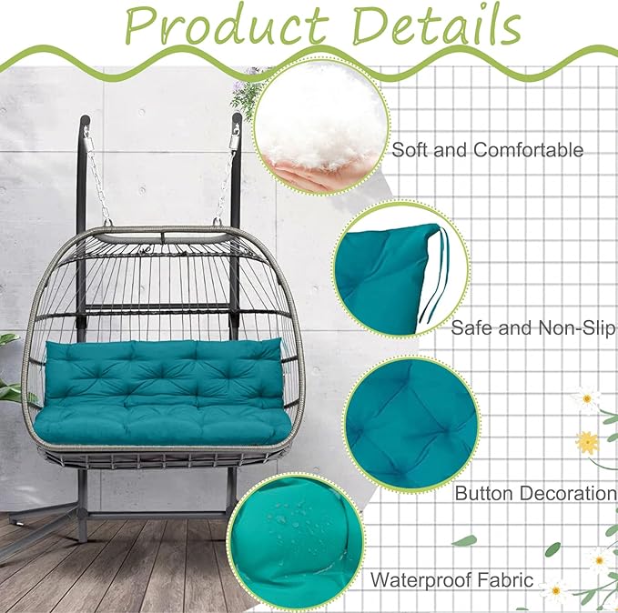 Swing Replacement Cushions with Backrest, 2 or 3 Seater Waterproof Non-Slip Overstuffed Swing Pad, Indoor/Outdoor Bench Cushion for Porch Chair Swing Garden Furniture(Lake Blue 40 * 40 in)