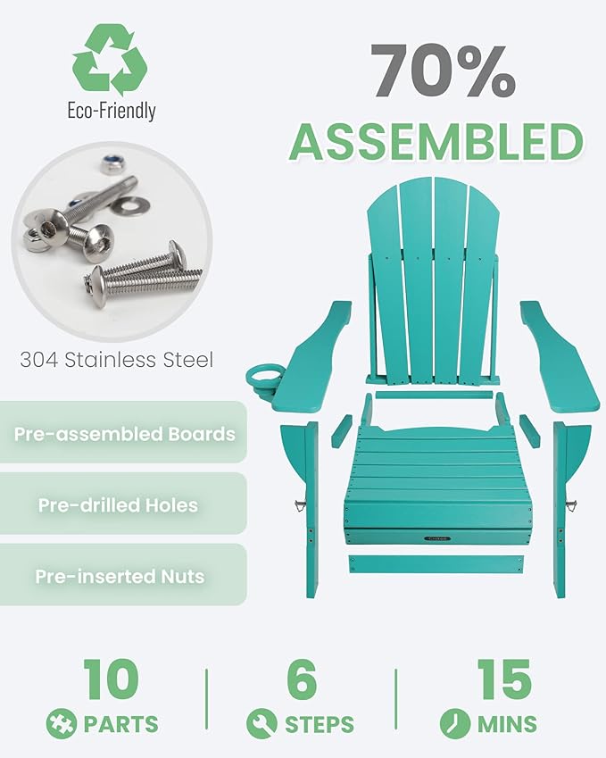 Ciokea Folding Adirondack Chair Wood Texture, Patio Adirondack Chair Weather Resistant, Plastic Fire Pit Chair with Cup Holder, Lawn Chair for Outdoor Porch Garden Backyard Deck (Lake Blue, 2Pack)