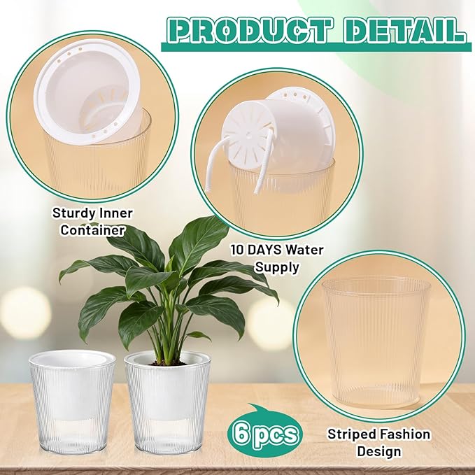 6 Pack Self Watering Pots for Indoor Plants Plastic Vertical Ribbed Semi Transparent Planters, Dual Layer Reservoir for Indoor Succulents Herbs Pothos(Clear, White,4 x 4.3 Inch)