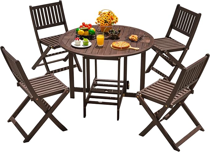 Devoko 5 PCS Patio Furniture, Patio Dining Set Acacia Wood Outdoor Table and Chairs, with 4 Folding Chairs and 37" Round Movable Table, Outdoor Dining Set for Lawn, Balcony, Garden (Deep Brown)