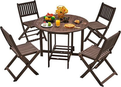 Devoko 5 PCS Patio Furniture, Patio Dining Set Acacia Wood Outdoor Table and Chairs, with 4 Folding Chairs and 37" Round Movable Table, Outdoor Dining Set for Lawn, Balcony, Garden (Deep Brown)