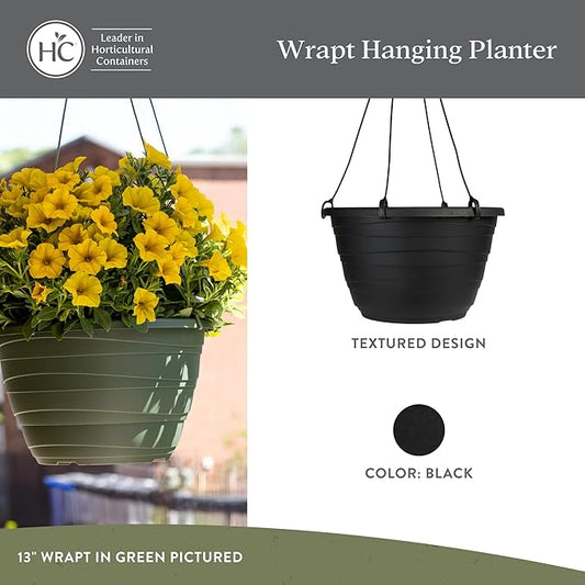 The HC Companies 13 Inch Wrapt Hanging Planters, Lightweight UV-Resistant Plastic Hanging Planters for Indoor & Outdoor Plants, 2-Pack Hanging Flower Pots for Garden, Patio & Home Decor, Black