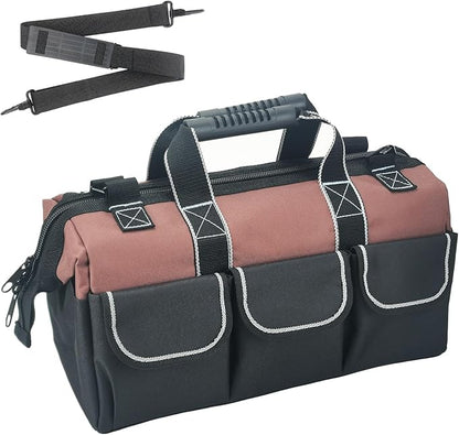 Garden Tools Bag 16 Inch Wide Mouth Tool Bag with Molded Base and Plastic-Padded Inside Pockets for Tool Storage, 600D Polyester Fabric, Brown Color