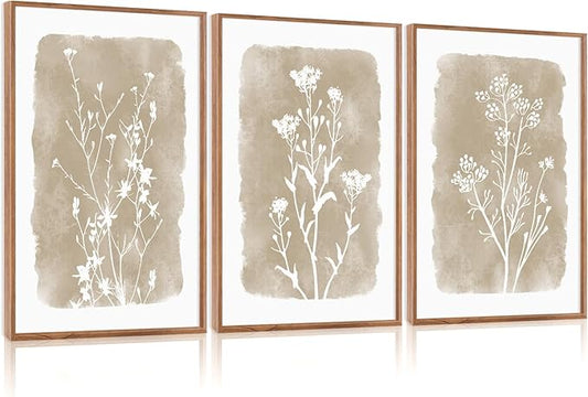 CHDITB Neutral Botanical Wall Art Set of 3, 24"x36" Large Framed Boho Farmhouse Flower Wall Decor, Modern Minimalist Floral Wall Painting, Begie Wildflower Canvas Art Prints for Living Room, Bedroom