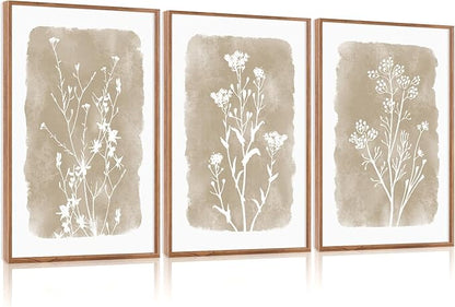 CHDITB Beige Florals Wall Art Set, Framed Boho Flower Wall Decor, Neutral Minimalist Botanical Wall Painting, Modern Vintage Wildflower Canvas Art Prints for Living Room, Bedroom, Grids Room 16"x24"x3