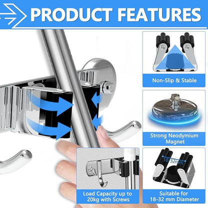 3-H Magnetic Broom Holder Wall Mount 2 Pack, 2-in-1 Dual Mount (No Drill or Screw Fix), 304 Stainless Steel Heavy Duty Magnet Mop Broom Organizer for Kitchen Garden Garage(3 Racks & 4 Hooks, Silver)