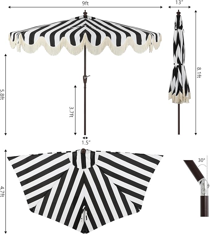 JONATHAN Y Half Umbrella UMB1201A Beverly 9 ft. Designer Classic Scalloped Fringe Market Patio with Crank, Push Button Tilt and UV Protection in Black/White