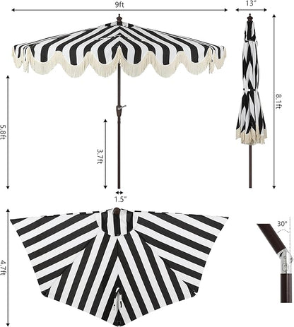 JONATHAN Y Half Umbrella UMB1201A Beverly 9 ft. Designer Classic Scalloped Fringe Market Patio with Crank, Push Button Tilt and UV Protection in Black/White
