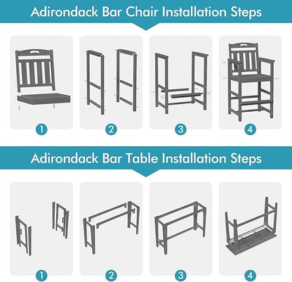 Ciokea Heavy-Duty Outdoor Bar Set, Rectangle High Top Table and 2 Oversized Adirondack Chairs Set, HDPE Modern Patio Bar Set for Outside Bistro Backyard Balcony Deck Outside, Grey
