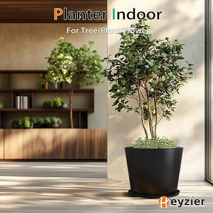 Wide Planters for Outdoor Plants, Extra Large Indoor Flower Pots for Garden, Front Porch, Patio - Round Resin Planter Set of 2 (Black, 20 inch - 2 Pack with Saucers)