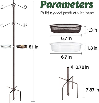 Bird Feeding Station Kit, 81 Inch, 4-Hook, Metal Birds Feeder Stand Pole with Bird Bath and Mesh Tray, Freestanding 5-Prong Base