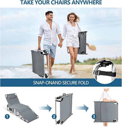 Tanning Chair with Face Hole, Adjustable Folding Chaise Lounge Chairs for Outside with Detachable Pillow & Pocket，Portable flat beach chairs for sunbathing, beach lawns camping (Deep Grey, Oversized)