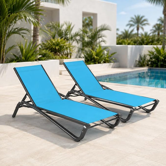 Set of 2 Patio Chaise Lounge Chairs, All-Weather Aluminum Pool Loungers for Outside, 5-Position Adjustable Sunbathing Chair for Deck, Backyard & Poolside, Rust-Proof, Sky Blue