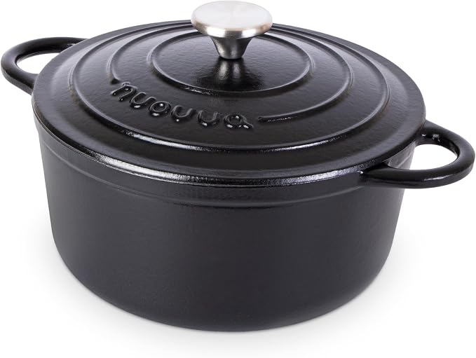 Cast Iron Pot with Lid-Non-Stick Ovenproof Enamelled Casserole Pot, Oven Safe up to 500° F-Sturdy Dutch Oven Cookware - Black, 5-Quart, 24cm-by Nuovva