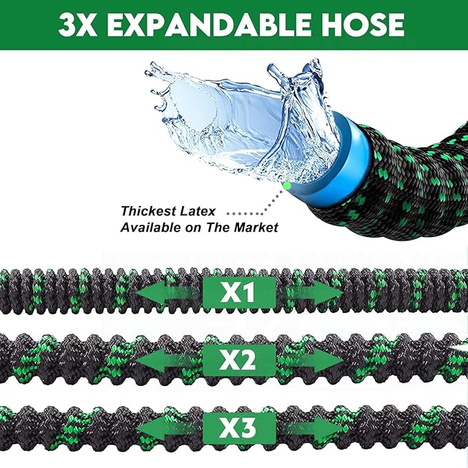 50 ft Expandable Garden Hose - Kink Free Flexible Water Hose with Thumb-Controlled 10-Function Nozzle, 3/4 Solid Connectors, Durable 3750D Fabric, 4-Layer Latex Core