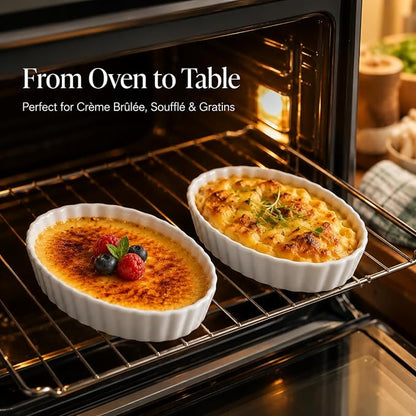 Creme Brulee Ramekins, 6 Pcs Oval Ceramic Baking Dishes 4 OZ, 5.2 Inch Oven Safe Baking Dishes for Souffle, Dessert, Baked Gratins, Prep Bowls for Ingredients, Dipping Sauces - Dishwasher Safe & Stackable
