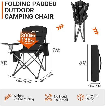 KingCamp Padded Portable Outdoor Folding Lounge Chairs with Built In Cupholder, Insulated Cooler Sleeve, and Side Storage Pocket, Black