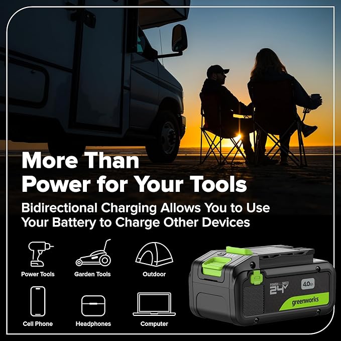 GREENWORKS 24V (8-TOOL) Combo (Drill, Impact Driver, Circular Saw, Reciprocating Saw, Jigsaw, Multi-Tool, Sander, Flashlight), 4.0Ah + (2) 2.0Ah (Power Bank) Batteries, (2) Cables, 65W Rapid Charger