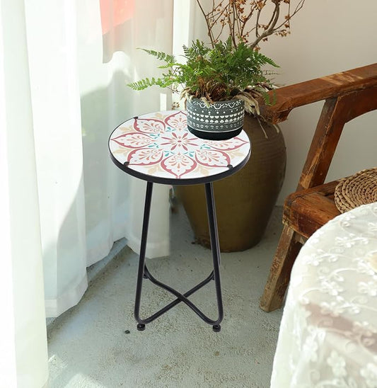 VCUTEKA Patio Side Table Outdoor Accent Table Bistro Coffee Table Plant End Table Small Porch Table Indoor Round Glass Balcony Plant Table Stands Khaki Flower 12 inches