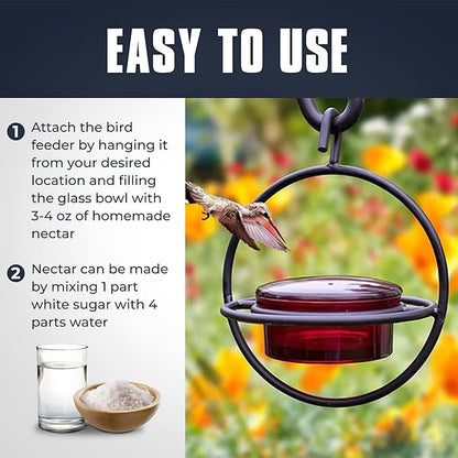Monarch Abode Hanging Hummingbird Feeders for Outdoors – Single Handcrafted Hanging Glass Hummingbird Feeder with Red Bowl & Perch, Decorative Humming Bird Feeders for Outdoors Garden Patio Deck