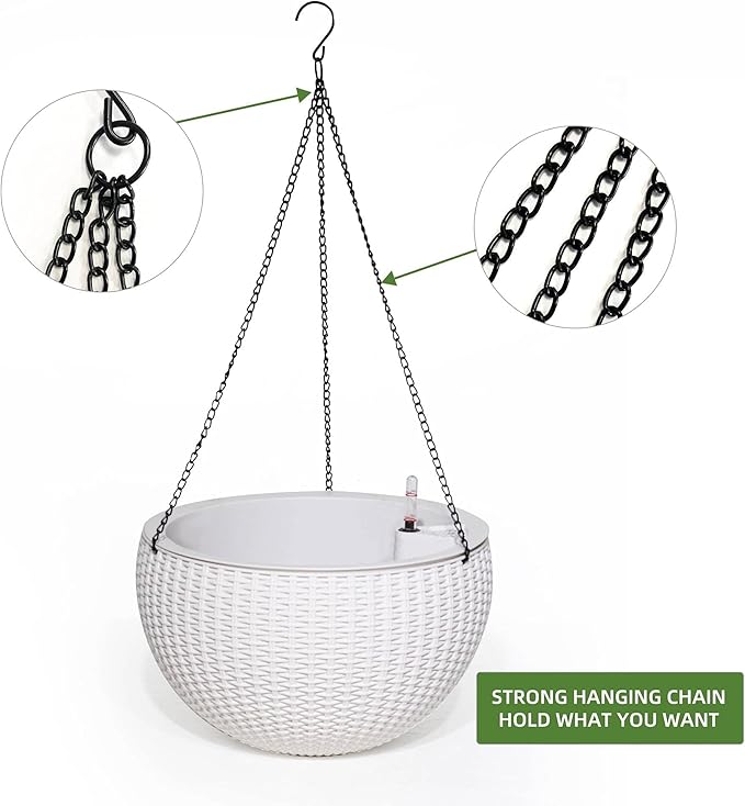 Dexceder 10.5 Inch Large Self Watering Hanging Planters Indoor Outdoor, Thickened Hanging Basket Flower Plant Pot with Water Level Indicator (White)