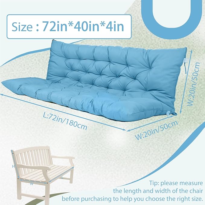 2/3 Seater Swing Replacement Cushion, Waterproof Porch Swing Cushions with Backrest, Thickened Bench Cushions for Outdoor Furniture, for Outdoor Patio Swing (Sky Blue, 71 * 40in)