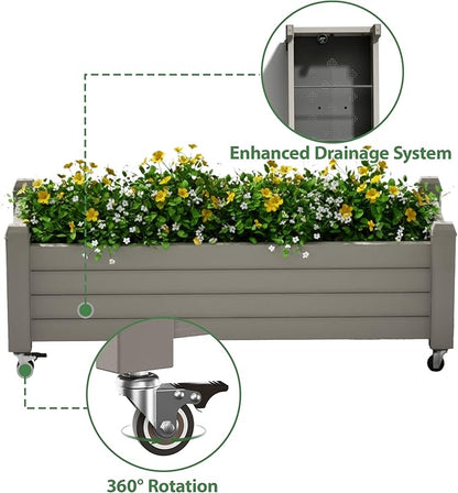 Raised Garden Bed with Wheels Outdoor, Resin Planter Box with Drain Hole and Water Level Detector for Backyard, Patio, Balcony(Gray)