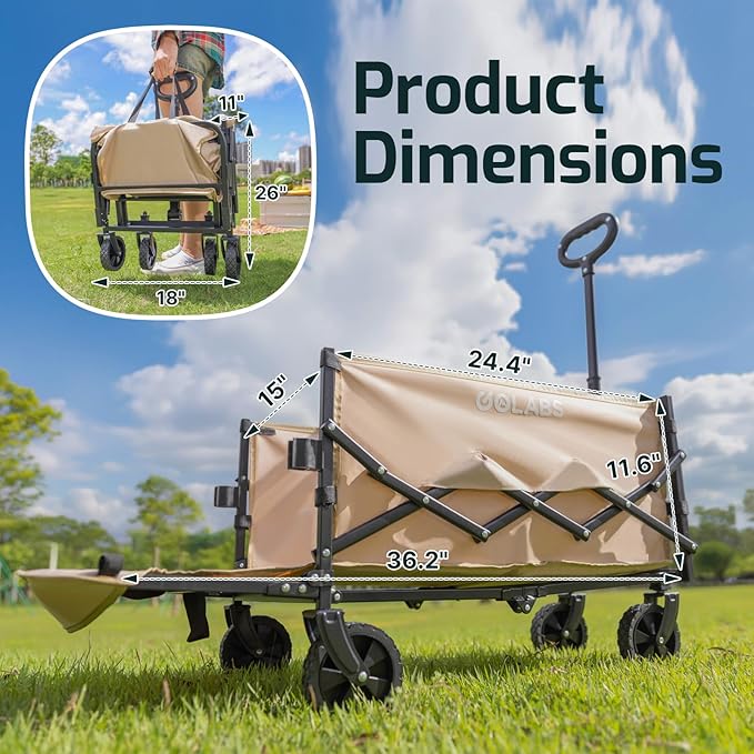 Golabs Collapsible Wagon Cart Max 350lb Load & Expandable Storage 100L, Double Bearing Design for Flexible Steering, Foldable Heavy Duty Garden Cart with 2 Cup Holders for Groceries, Garden & Camping