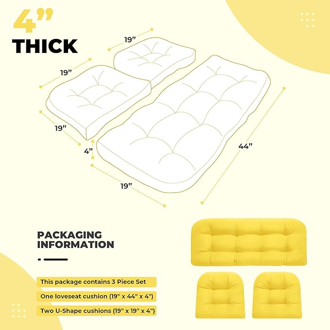 DANGHOOGY Wicker Chair Cushions, Waterproof Outdoor Loveseat Cushions for Patio Furniture, Tufted Wicker Furniture Cushions, 1 Loveseat and 2 U-Shaped Cushions, Yellow