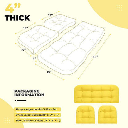 DANGHOOGY Wicker Chair Cushions, Waterproof Outdoor Loveseat Cushions for Patio Furniture, Tufted Wicker Furniture Cushions, 1 Loveseat and 2 U-Shaped Cushions, Yellow
