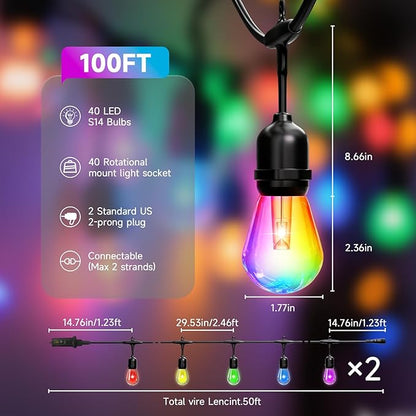 RGB Safety String Lights 100FT - Commercial Grade Low Voltage Strand with 40 S14 Shatterproof Bulbs for Tree Garden Yard bistro Cafe | RGB Party Lights & Outdoor Lights | IP65 Waterproof | UL Listed