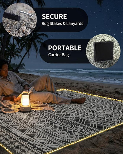MontVoo-Outdoor Rug Carpet 6x9 ft for Patio RV Camping with Led Strip Lights Waterproof Plastic Straw Rug Reversible Portable Outside Indoor Outdoor Rug Mat for Patio Decor Balcony Picnic-Boho