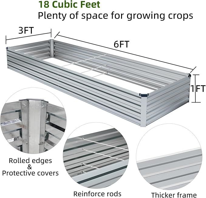 Meberam 2 Pack 6x3x1FT Galvanized Raised Garden Beds Kit Outdoor Metal Gardening Planter Box for Vegetable Elevated Flower Herbs,Silver