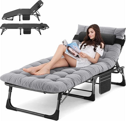 ABORON Tanning Chair, 5-Position Padded Folding Chaise Lounge | 5-position folding chaise lounge supports 500 lb and has a removable cushion and pillow for sunbathing, poolside or patio.