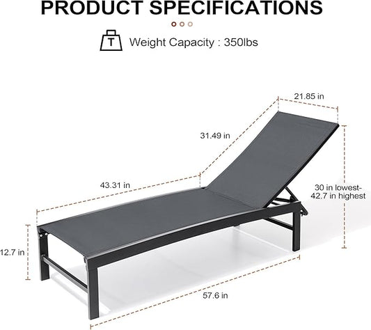 Crestlive Products Chaise Lounge Chair Outdoor Set of 4, Adjustable 5 Positions Pool Lounge Chairs, Metal Tanning Recliner, Outdoor Furniture All Weather for Patio, Beach, Yard, Pool(Dark Grey)