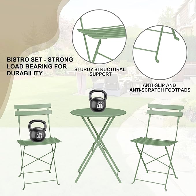 3-Piece Folding Bistro Set, Outdoor Patio Furniture Set with 2 Chairs & 1 Table, Space-Saving Foldable Balcony Garden Set with Heavy-Duty Powder-Coated Steel Frame, No Assembly Required, Green