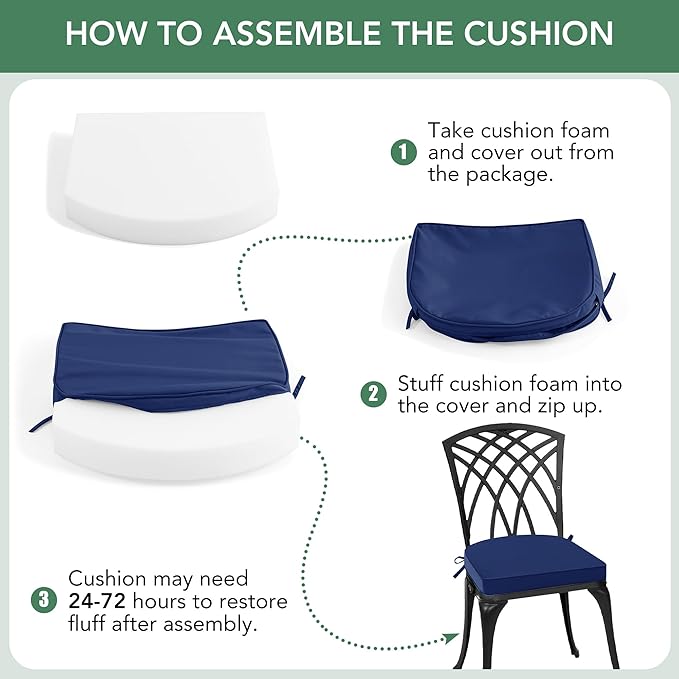Outdoor Chair Cushions Set of 2: Waterproof & Fade Resistant Patio Furniture Cushions - 19 x 19 x 2 Inch Non Slip Round Corner Seat Cushion Pads with Removable Cover for Garden Yard Lawn, Navy Blue