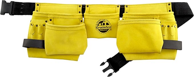 Graintex DS2130 11 Pocket Yellow Color Suede Leather Tool Belt/Tool Bag/Work Apron, 2 Hammer Loops, Adjustable Belt | Construction, Carpenter, Roofing, Drywall, Electrician, Gardening, DIY