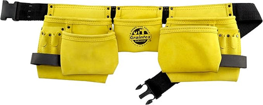 Graintex DS2130 11 Pocket Yellow Color Suede Leather Tool Belt/Tool Bag/Work Apron, 2 Hammer Loops, Adjustable Belt | Construction, Carpenter, Roofing, Drywall, Electrician, Gardening, DIY